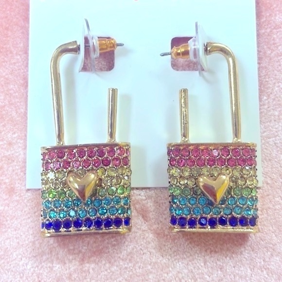Brand New Betsey Johnson All You Need is Love Locket Crystal Rainbow Earrings - Picture 6 of 14